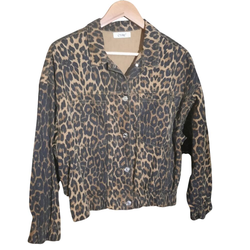 Elia Cher Womens Leopard Print Elastic Crop Waist and Cuffs Jacket Size Large